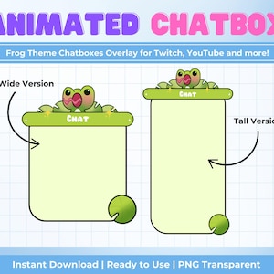 May include: Animated chatbox overlay for Twitch and YouTube featuring a green frog with a wide mouth and tongue sticking out. The chatbox is labeled "CHAT" and comes in wide and tall versions. The overlay is ready to use and has a transparent background.