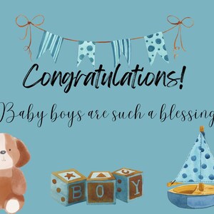 Printable 5 "x 7" Glückwunschkarte, Baby Junge, Karte, blau, Welpe, Boot