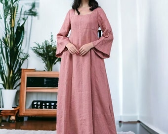 Flare Linen Robe Dress, Summer Long Sleeves Dress Shirt, Casual Loose Style Tunics, Cotton Maxi Dresses, Women Clothing, Printed Sundress