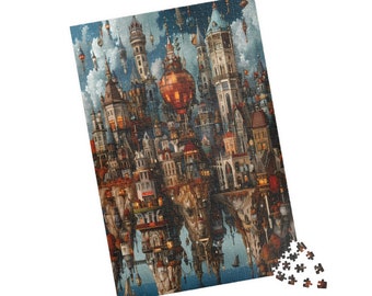 Könnte beinhalten: Fertiggestelltes Puzzle, das eine Fantasiestadt mit hohen Türmen, Gebäuden und einem großen Heißluftballon zeigt. Das Puzzle hat einen blauen Himmelshintergrund mit schwebenden Objekten und ein paar losen Teilen.