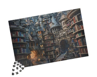Könnte beinhalten: Eine Fantasy-Illustration eines Gebäudes, das vollständig aus Bücherregalen besteht. Das Gebäude besteht aus vielen Türmen und Räumen, die alle mit Büchern gefüllt sind. Das Gebäude wird von einem warmen, goldenen Licht beleuchtet, und es sind Menschen zu sehen, die im Inneren herumlaufen.