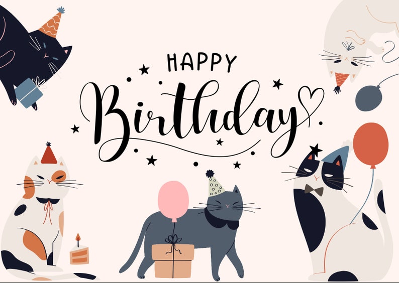 Happy Birthday Card Printable Digital Print Instant Download Cat Background Cute Cats Greeting Card Handmade DIY Gift PDF gifts for her zdjęcie 2