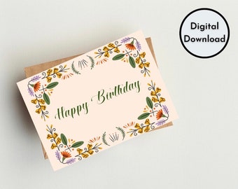 Simple Happy Birthday To You Card Cute Pink Floral Flowers High Quality Printable Digital Instant Download PDF Handmade Greeting Cards DIY
