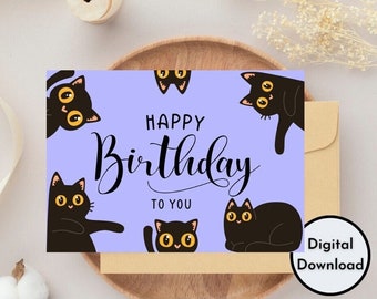 Happy Birthday Card | Printable Digital Print Instant Download Cat Theme Background Cute Cats Greeting Card Handmade DIY Gift PDF PNG kitty