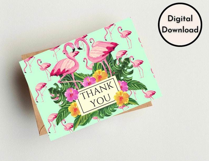 Thank You Card Floral Nature Animal Printed Flamingo Cute Pink Tropical Printable Instant Download High Quality Printable Digital PDF PNG zdjęcie 1