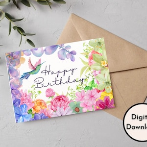 Happy Birthday Card - DIGITAL Download - Printable Bird and Flowers Birthday Card  - Printable Happy Birthday Card - Printable Card PDF