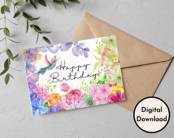 Happy Birthday Card - DIGITAL Download - Printable Bird and Flowers Birthday Card  - Printable Happy Birthday Card - Printable Card PDF