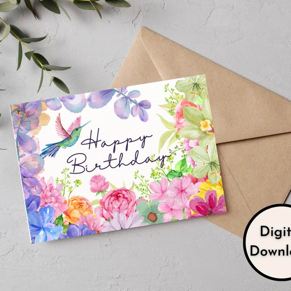 Happy Birthday Card - DIGITAL Download - Printable Bird and Flowers Birthday Card  - Printable Happy Birthday Card - Printable Card PDF