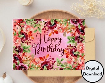 Alles Gute zum Geburtstagskarte, süßes rosa schwarzes Blumenmuster, Blumen, digital bedruckbar, hochwertige PDF-PNG-Grußkarte, sofortiger Download, DIY, handgefertigt, rot