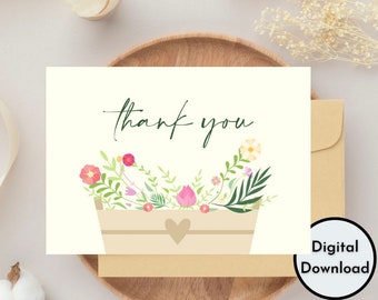 Simple Minimalist Calligraphy Thank You Card | Cute Pink Floral Flowers Green Nature High Quality Printable Digital Instant Download PDF PNG