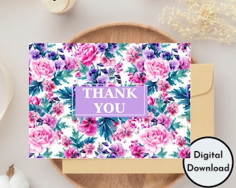 Thank You Card Floral Flowers Cute Pink Purple Design Unique Floral Leaf Theme Digital Print Instant Download Greeting High Quality PDF DIY