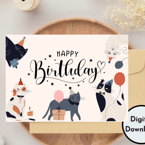 Happy Birthday Card | Printable Digital Print Instant Download Cat Background Cute Cats Greeting Card Handmade DIY Gift PDF gifts for her