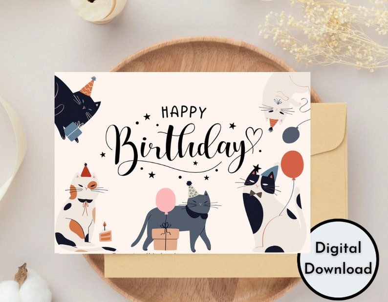 Happy Birthday Card Printable Digital Print Instant Download Cat Background Cute Cats Greeting Card Handmade DIY Gift PDF gifts for her zdjęcie 1