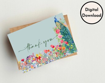 Thank You Card Digital Peacock Flowers Floral Design Instant Download Printable High Quality Art Animals Theme PDF PNG Cute Digital Print