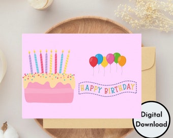 Colorful Happy Birthday Card | Cute Pink Candles Cake Printable High Quality PDF | Digital Card | Instant Download PDF PNG Greeting Cards