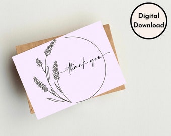 Simple Thank You Card Minimalist Blank Calligraphy Digital Print Instant Download Printable Line Art Floral Flowers Lilac Decor PDF PNG Cute