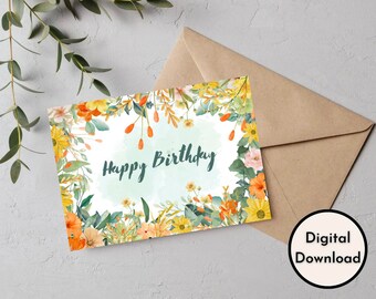 Happy Birthday Card - DIGITAL Download - Printable Flowers Birthday Card  - Printable Happy Birthday Card - Printable Card PDF