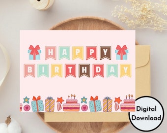 Alles Gute zum Geburtstagskarten-Gruß, süßes rosa Geschenk, Geschenke, digitales Design, Blumen-Thema, sofortiger Download, druckbare, hochwertige Grußkarte im PDF-Format