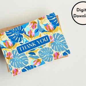 Thank You Card Blue Palm Leaves Floral Tropical Digital Design Flowers Theme Instant Download Printable High Qality Greetings Card pdf png zdjęcie 1