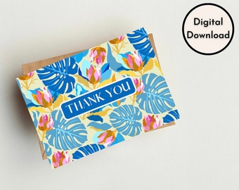 Thank You Card Blue Palm Leaves Floral Tropical Digital Design Flowers Theme Instant Download Printable High Qality Greetings Card pdf png