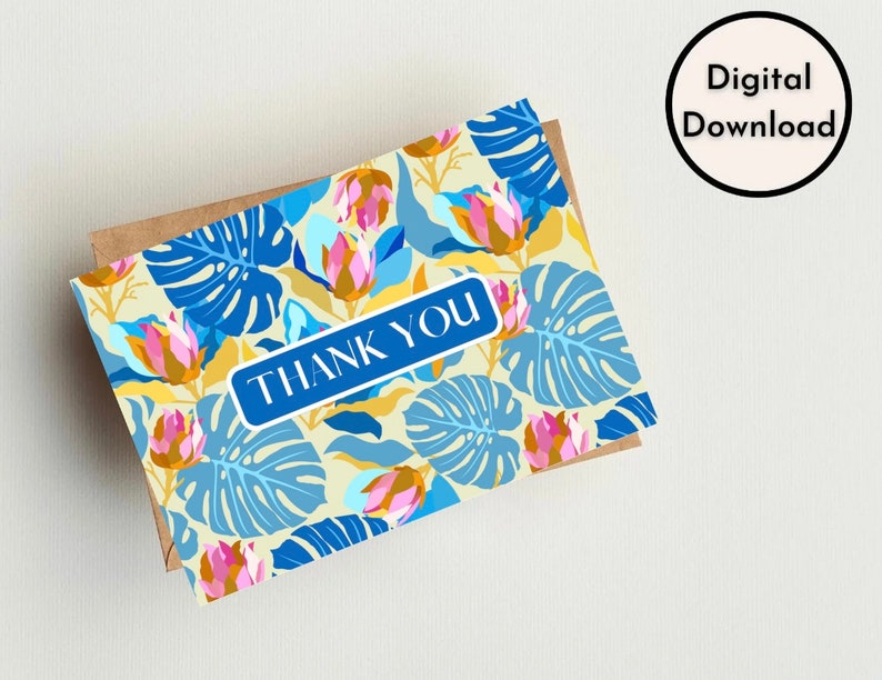 Thank You Card Blue Palm Leaves Floral Tropical Digital Design Flowers Theme Instant Download Printable High Qality Greetings Card pdf png zdjęcie 1
