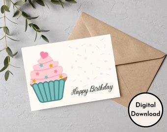 Happy Birthday Card - DIGITAL Download - Printable Birthday Card Featuring Colorful Cupcake - Printable Happy Birthday Card - Printable Card