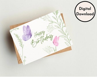 Happy Birthday Card - DIGITAL Download - Printable Butterfly and Flowers Birthday Card  - Printable Happy Birthday Card - Printable Card PDF