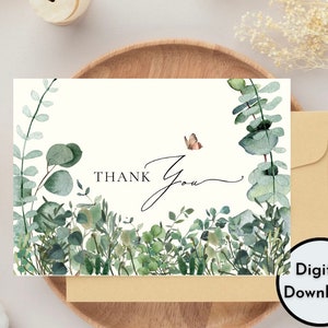 Calligrafia floreale minimalista Biglietto di ringraziamento foglie, farfalla, sfondo naturale / Download digitale stampabile di alta qualità PNG PDF