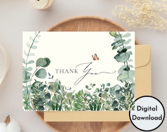 Minimalistische bloemenkalligrafie Bedankkaartbladeren, vlinder, natuurachtergrond | Afdrukbare hoge kwaliteit digitale download PNG PDF