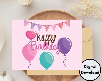 Colorful Cute Pink Balloons Birthday Card | Printable High Quality PDF | Digital Card | Instant Download PNG High Quality DIY Greeting Card