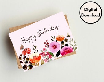 Tarjeta de feliz cumpleaños fondo floral / PDF imprimible de alta calidad / Descarga digital