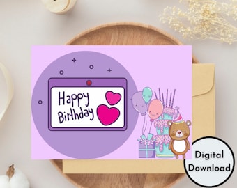 Happy Birthday Card Printable Digital Print Instant Download Balloon Background Cute Pink Greeting Card Handmade DIY Gift PDF gifts for her