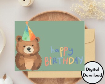 Happy Birthday Card Greeting Cute Pink Teddy Bear Digital Design Flowers Theme Instant Download Printable High Qality Greetings Card pdf png