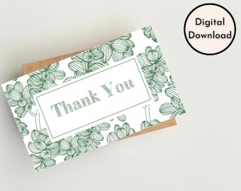 Simple Minimalist Thank You Card | Cute Floral Green Nature High Quality Printable Digital Instant Download PDF PNG
