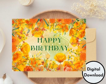 Alles Gute zum Geburtstagskarte, süßes orange-gelbes Blumenmuster, Blumen, digital bedruckbar, hochwertige PDF-PNG-Grußkarte, sofortiger Download, DIY, handgefertigt