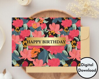 Happy Birthday Card Cute Floral Design Flowers Digital Printable High Quality PDF PNG Greeting Cards Instant Download