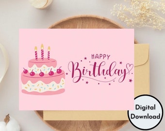 Colorful Happy Birthday Card | Cute Pink Candles Cake Printable High Quality PDF | Digital Card Instant Download PDF PNG Greeting Cards Diy