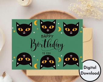 Happy Birthday Karte Digitaldruck Download Sofort Download Hintergrund Süße Katze Grußkarten Handmade DIY Geschenk PDF grün