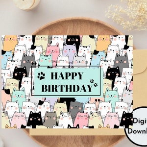 Tarjeta de feliz cumpleaños imprimible gato tema patas descarga instantánea impresión digital tarjeta de felicitación DIY regalo PDF PNG presente gatos lindos de alta calidad