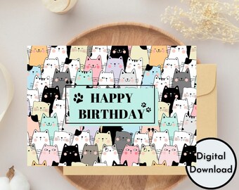 Happy Birthday Card Printable Cat Theme Paws Instant Download Digital Print Greeting Card DIY Gift PDF PNG Present High Quality Cute Cats