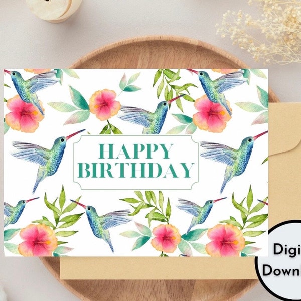 Happy Birthday Card Cute Pink Birds Floral Design Flowers Digital Printable High Quality PDF PNG Greeting Instant Download DIY Handmade