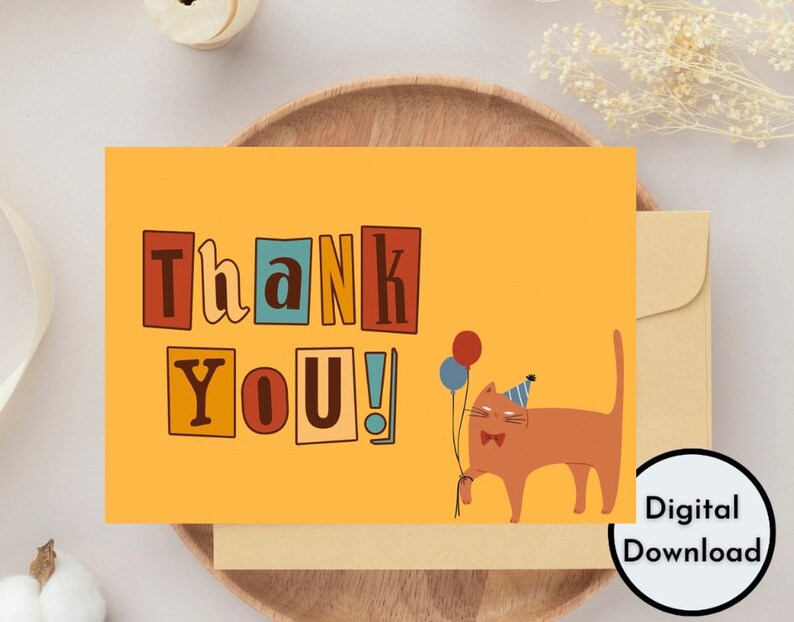 Thank You Card Cute Cat Animal Background Theme Printable High Quality PDF Digital Instant Download Greeting Cards Handmade DIY PNG zdjęcie 1