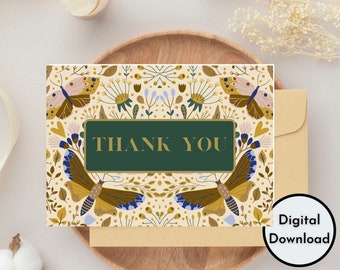 Thank You Card Floral Flowers Green Gold Design Unique Floral Leaf Theme Digital Print Instant Download Greeting High Quality Cute PDF Png