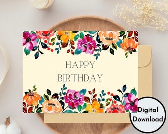 Colorful Floral Happy Birthday Card | High Quality Digital Download | Printable PDF