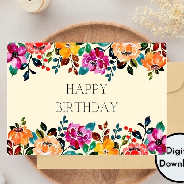 Colorful Floral Happy Birthday Card | High Quality Digital Download | Printable PDF