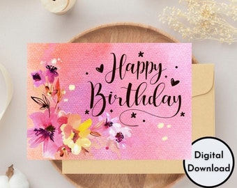 Happy Birthday Card Cute Pink Black Floral Design Flowers Digital Printable High Quality PDF PNG Greeting Instant Download DIY Handmade red