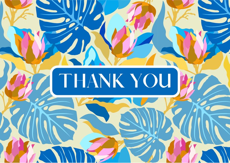 Thank You Card Blue Palm Leaves Floral Tropical Digital Design Flowers Theme Instant Download Printable High Qality Greetings Card pdf png zdjęcie 2