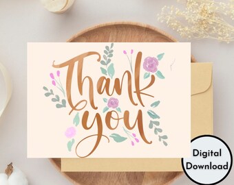 Bedankkaart Eenvoudige bloemenbeige wenskaarten Instant Download Digitale Print Hoge kwaliteit PNG DIY PDF Afdrukbaar Handgemaakt