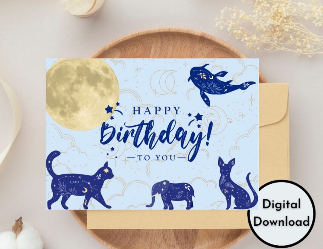 Happy Birthday Card Printable Digital Print Instant Download Cat Moon ...