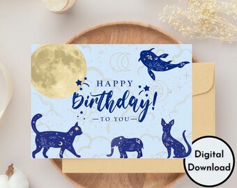 Happy Birthday Card Printable Digital Print Instant Download Cat Moon Background Cute Cat Greeting Card Blue Handmade DIY Gift PDF gift gold